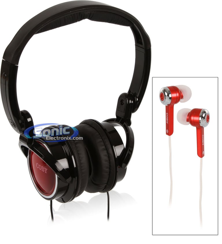 Coby CV215RED (Red) Jammerz In-Ear/Ear-Bud & On-Ear Headphone 2-In-1 Combo Image 1