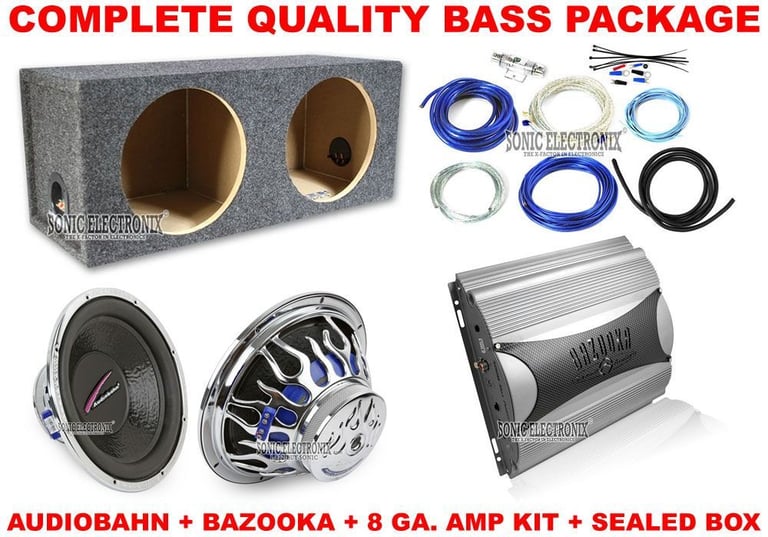Sonic Electronix Complete Audiobahn + Bazooka Dual 12" Bass Package   Image 1