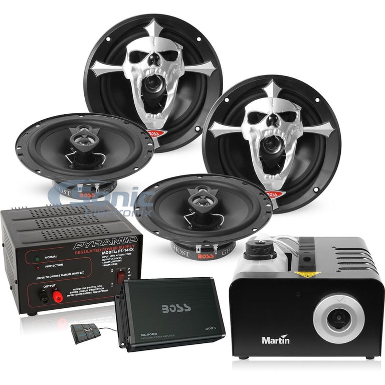 Two Pair of Boss PG653 with BT Amplifier, Power Supply & Fog Machine Image 1