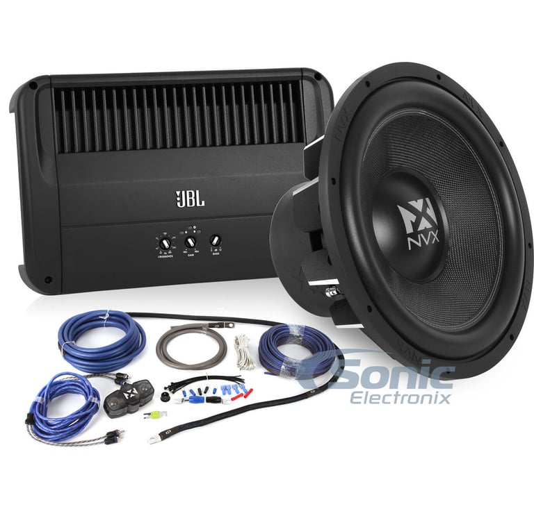 1000 Watt JBL + NVX Subwoofer Bass Bundle w/ Amplifier Wiring Kit Image 1