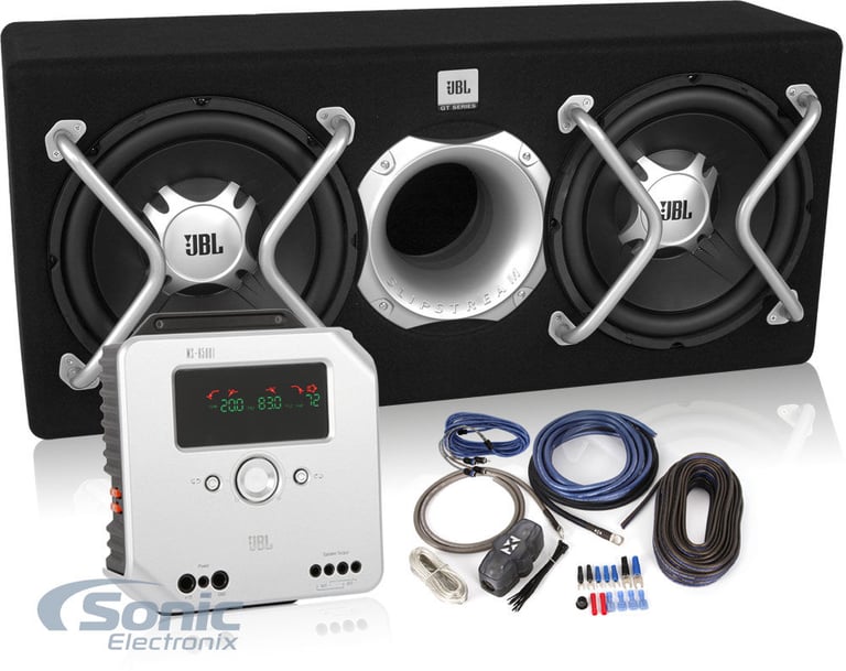 JBL GT5-2402BR + JBL MS-A5001 + Kit, Dual Sub Box with Amp & Wires Image 1
