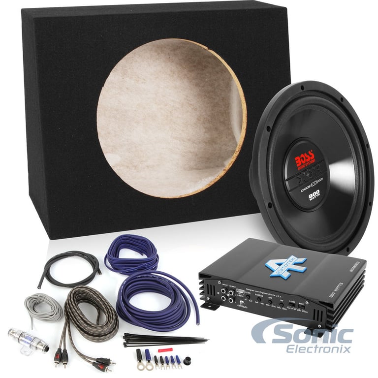 800 Watt Peak 12" Subwoofer + Amplifier Bass Bundle w/ Sub Box & Wiring Kit Image 1