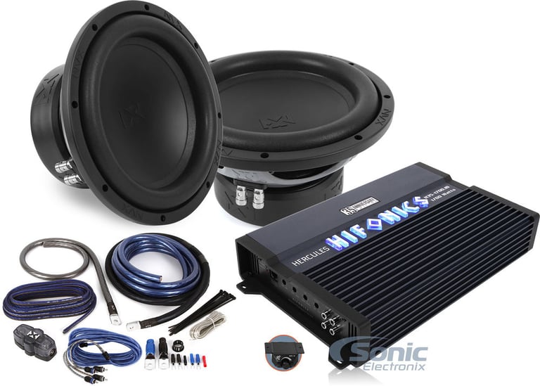 Two NVX 10" Subwoofers + Hifonics H35 1700.1D Amplifier Bundle Image 1