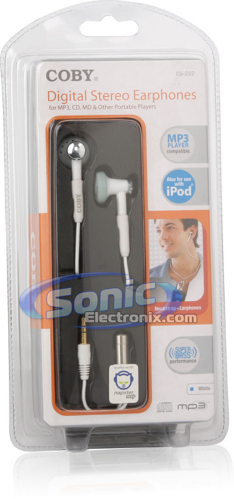 Coby CVE97 (CV-E97) White Deep Bass Neckstrap Stereo Earphones In-Ear Headphones Image 4