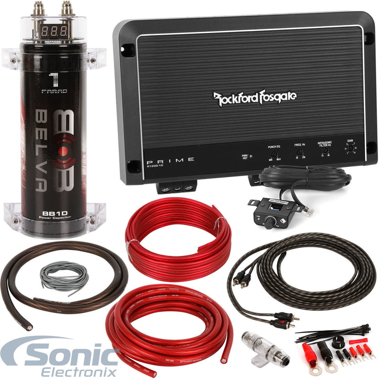 Rockford Fosgate Prime R1200-1D Amplifier + 1 Farad Cap + 4 Gauge Amp Kit Image 1