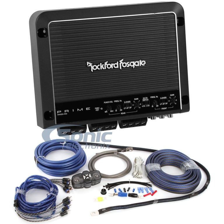 Rockford Fosgate Prime R400-4D 4 Channel Amplifier w/ Complete 4 AWG OFC Amp Kit Image 1