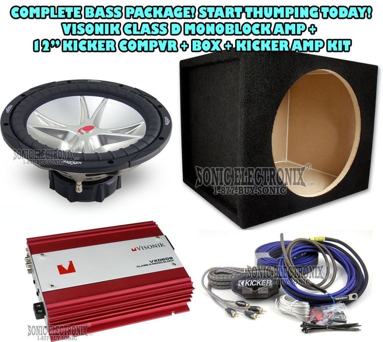 Kicker CVR 12" Combo: 05CVR124 + Visonik VXD609 + 12" MDF Sealed Box + CK8 Amp Kit Image 1