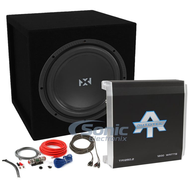 10" NVX NSW102v2 + Autotek TA1250.2 Amp + MDF Sealed Box and 8g Amplifier Kit Image 1
