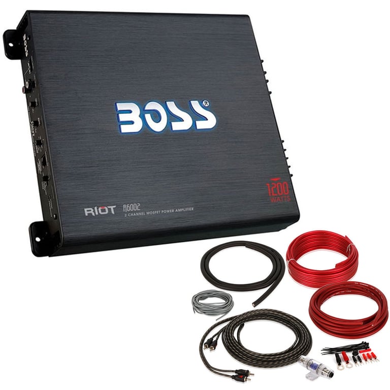 Boss R3002 600 Watt 2-Channel Car Power Amplifie with Bass Knob + Amp Wire Kit Image 1