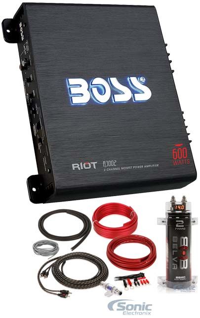 Boss R3002 2-Channel Amplifier + 2 Farad Car Capacitor + Amp Kit Image 1