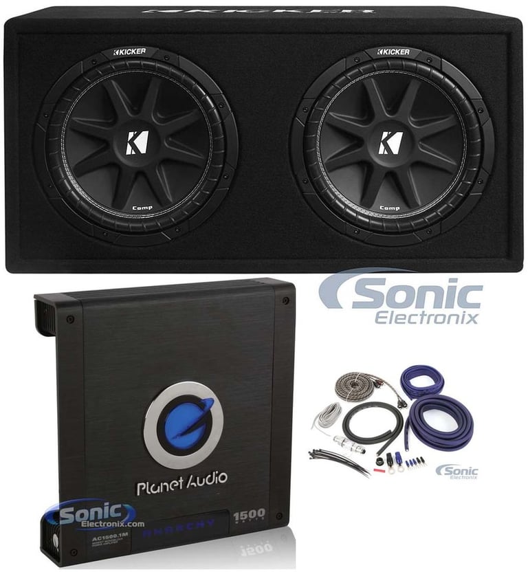 Kicker DC122 Dual 12" 600W Car Subwoofers + Box + 1500W Amplifier + 4 Ga Amp Kit Image 1