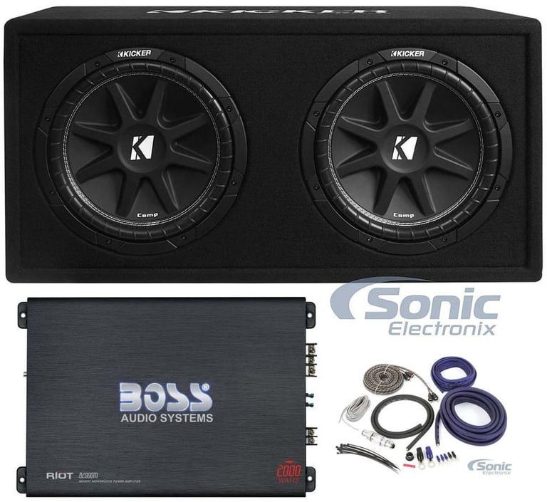 Kicker DC122 Dual 12" 600W Car Subwoofers + Box + Boss 2000W Mono Amp + Amp Kit Image 1