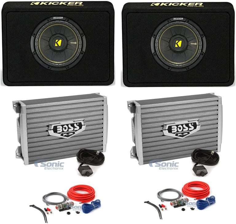 Kicker 10" Vented Subwoofer Enclosure (2 Pack) & 1500W Amp (2 Pack) & Wire Kits Image 1