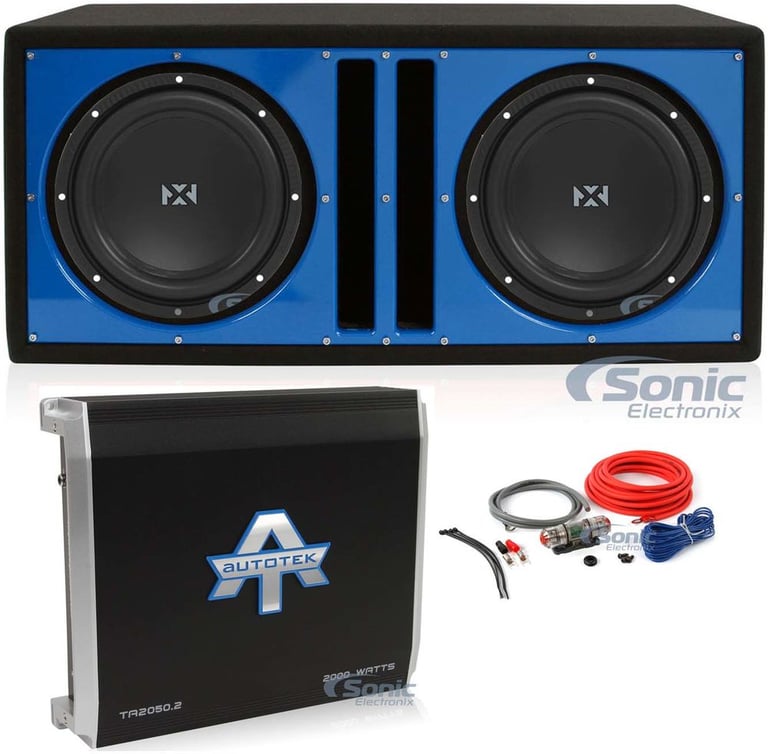 (2) NVX NSW104V2 (NSW104 v2) + Ported Sub Box + Mono Amplifier + Amp Kit (Blue) Image 1
