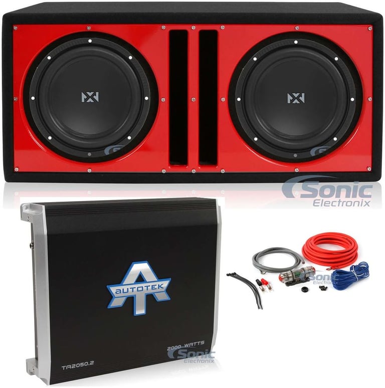 (2) NVX NSW104V2 (NSW104 v2) + Ported Sub Box + Mono Amplifier + Amp Kit (Red) Image 1