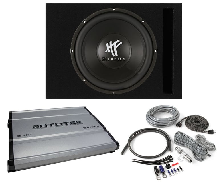 Hifonics HFX12D4 12" 800w Car Subwoofer+Vented Sub Box+Mono Amplifier+Amp Kit Image 1