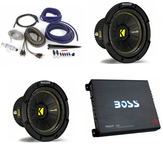 Boss R6002 Amplifier + (2) Kicker 8" CompC Subwoofers + Belva Amp Kit Image 1