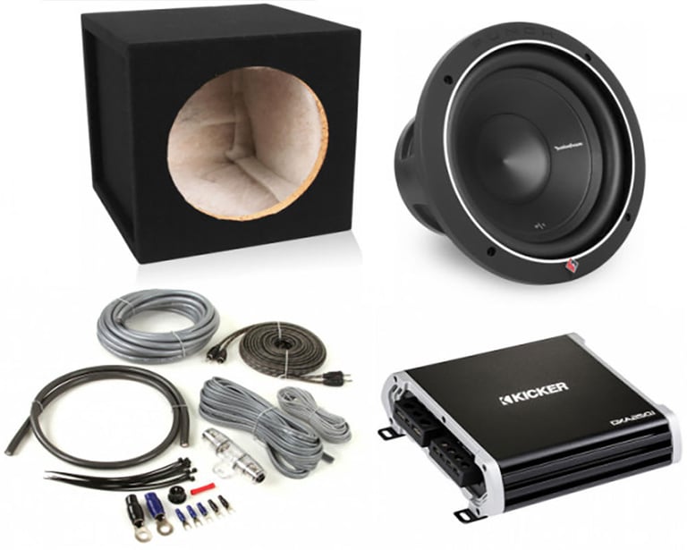 Kicker Monoblock Amp + Rockford Fosgate 10" Sub + Free Sealed Enclosure and Kit Image 1