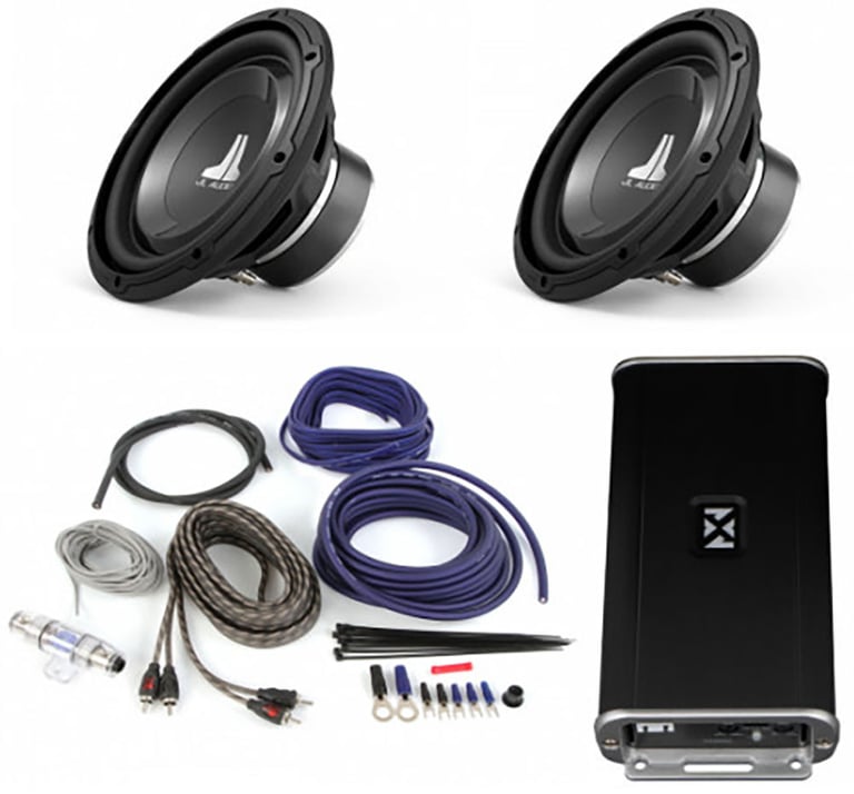 NVX VADM2 Amplifier + (2) JL Audio 10" Subwoofers + Belva Amp Kit Image 1