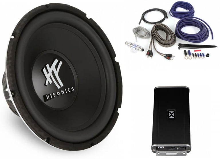 NVX VADM2 Amplifier + Hifonics 400W RMS 12" Subwoofer + Amp Kit Image 1