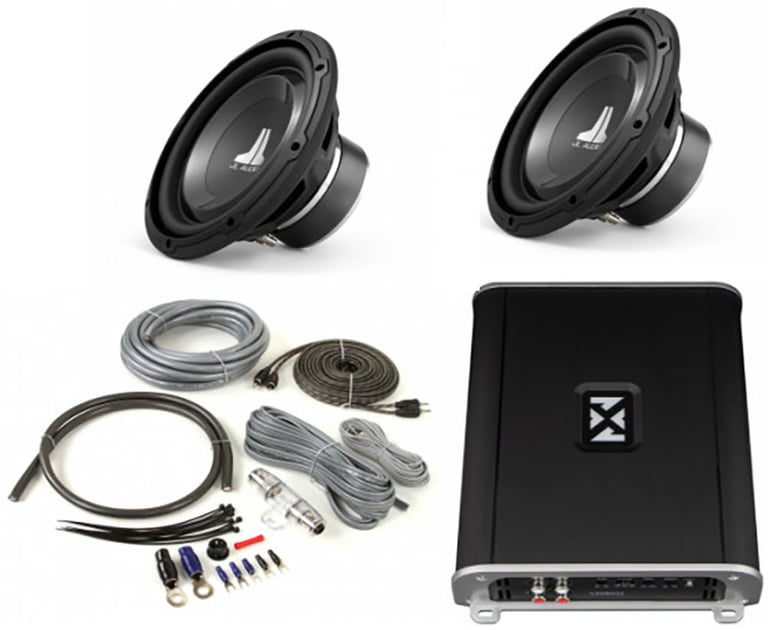 NVX VAD8402 Amplifier + (2) JL Audio 10" Subwoofers + Free Amp Kit Image 1