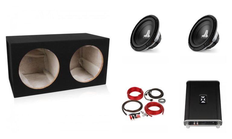 2 JL Audio 12W0v3-4 + Dual Subwoofer Box + NVX 840W RMS Amp + Wiring Kit Image 1