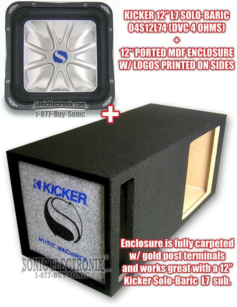 Kicker 04S12L74 12" Solo-Baric L7 + Single Long Ported MDF Logo Enclosure Image 1