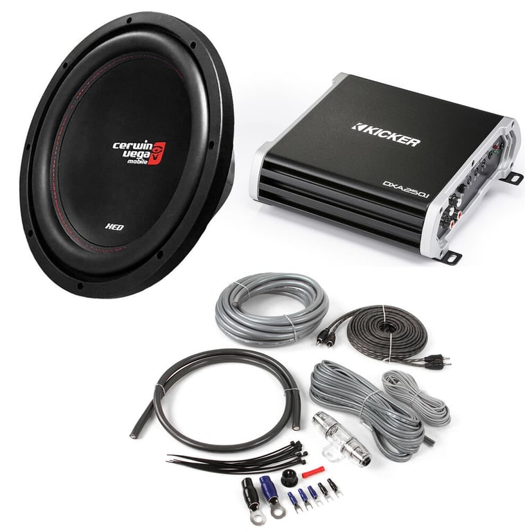 Kicker Monoblock Amplifier + Cerwin-Vega 12" Subwoofer + Belva Amp Kit Image 1