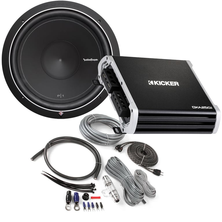Kicker 500W Monoblock Amplifier + Rockford Fosgate 15" Subwoofer + Belva Amp Kit Image 1