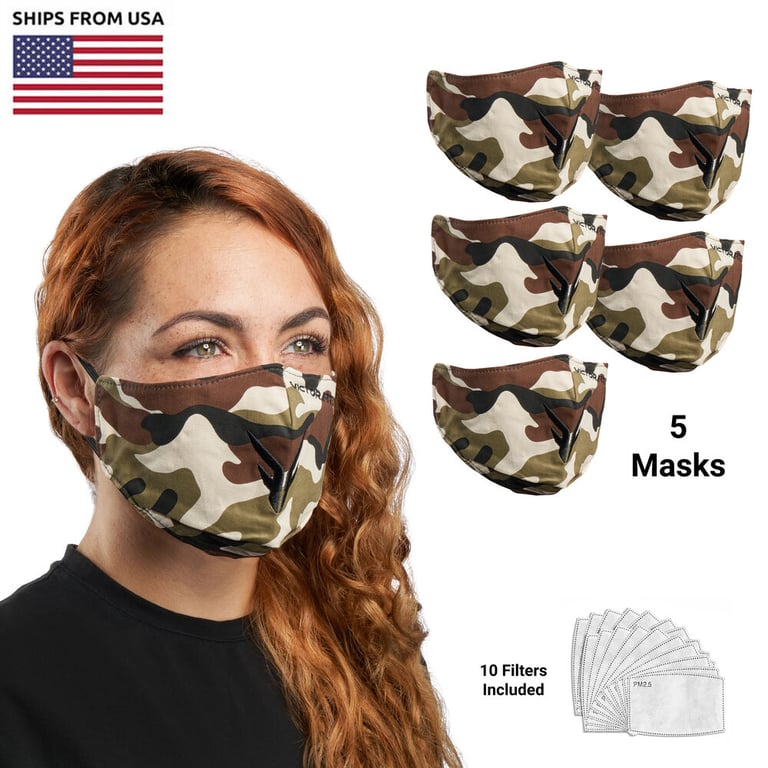 (5-Count) Victor Fitness VM25BB Brown Camo Cloth Reusable Face Mask + 10 Filters Image 1