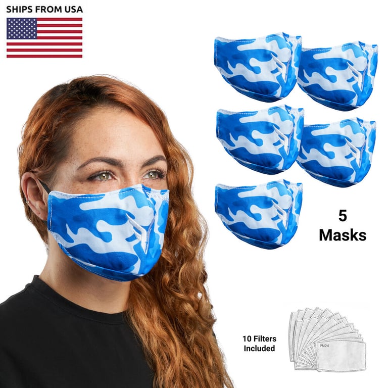 (5-Count) Victor Fitness VM25BL Blue Camo Cloth Reusable Face Mask + 10 Filters Image 1
