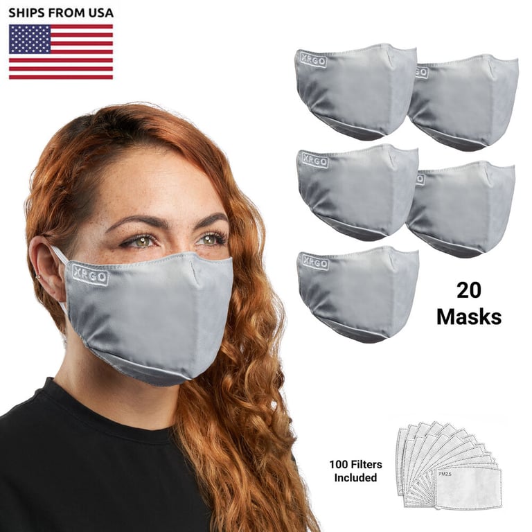 (20-Count) XRGO XM25GR Gray Cloth Reusable Face Mask + 100 Filters Image 1