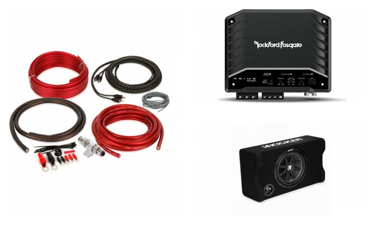 Kicker 48CDF104 + Rockford Fosgate R2-250X1 + 4 Gauge Amp Kit Image 1