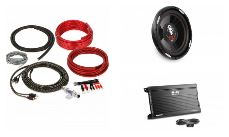 Boss P120F Subwoofer + Belva 500W BXA5002 Amplifier + 8 Gauge Amp Kit Image 1
