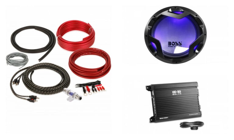 Boss PD12LED Subwoofer + Belva 1500W Amplifier + 8 Gauge Amp kit Image 1