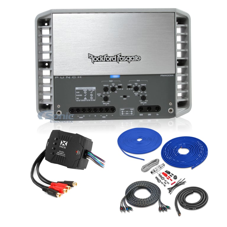 Rockford Fosgate PM400X4 + NVX XFLOC4 Line-Output-Converter + Amp Kit Image 1