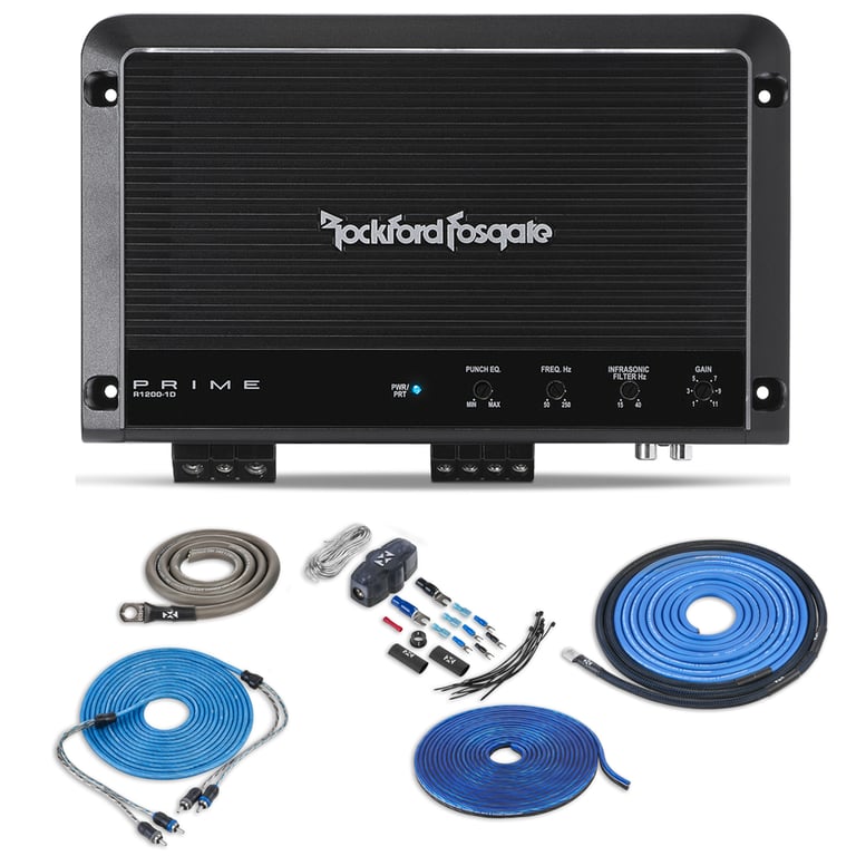Rockford Fosgate Prime R1200-1D with Amplifier Wiring Kit Image 1