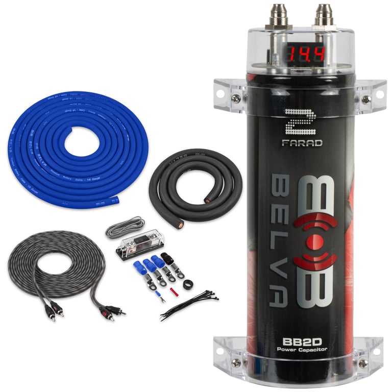 Belva BB2D 2 Farad Capacitor with Red Digital Voltage Meter + 0 Gauge Amp Kit Image 1