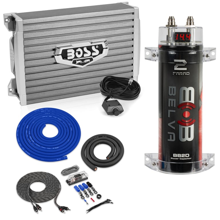 Boss AR1500M Mono Car Amplifier + 2 Farad Capacitor + Amp Kit Image 1