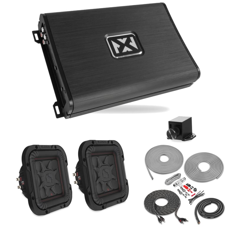 NVX VAD8402 Amplifier + (2) Kicker 8" Square Subwoofers + Belva Amp Kit Image 1