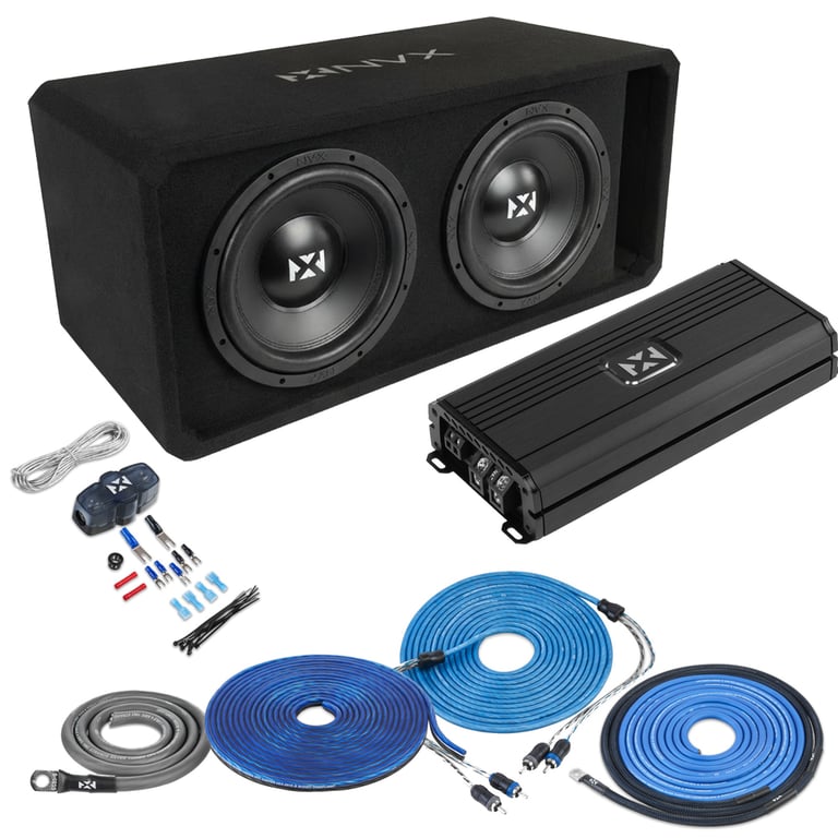 NVX Dual 12" Complete Bass System w/ Ported Box, Amp, and Wiring Kit Image 1