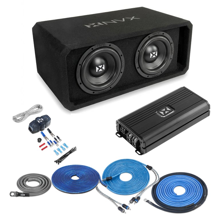 NVX Dual 8" Complete Bass System w/ Ported Box, Amp, and Wiring Kit Image 1