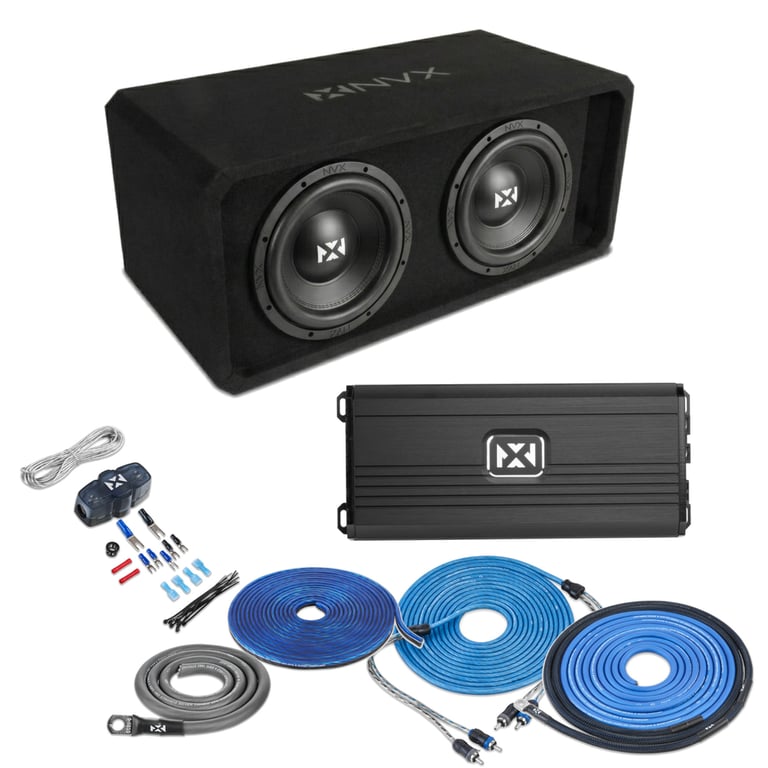 NVX Dual 10" Complete Bass System w/ Ported Box, Amp, and Wiring Kit Image 1