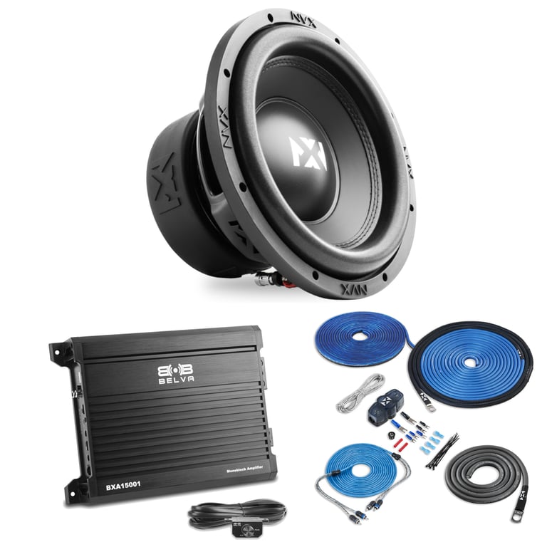 NVX VSW104v3 Subwoofer, Belva BXA15001 Amplifier and XKIT82 Amp Kit Image 1
