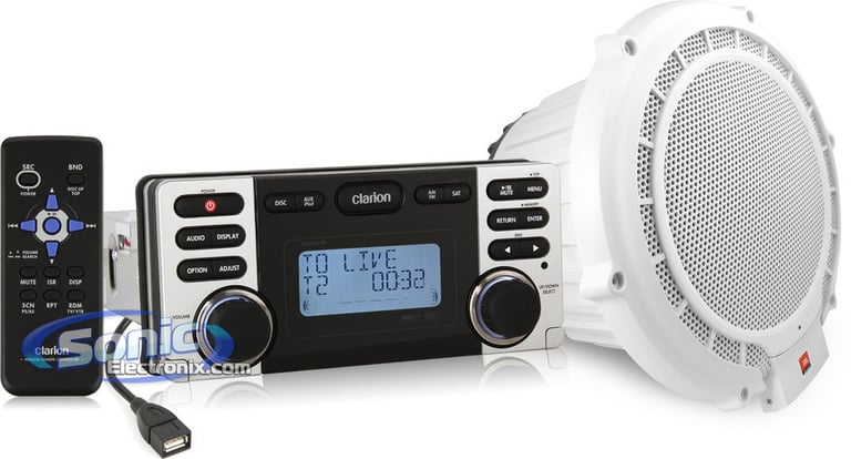 Clarion CMD6 Receiver with JBL Marine MPS1000 Subwoofer Image 1
